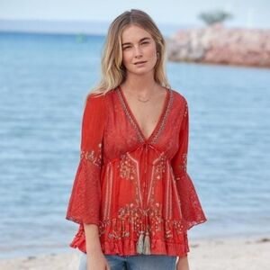 Guadalupe Coral Print Lace Bell Sleeve Blouse Coverup Medium